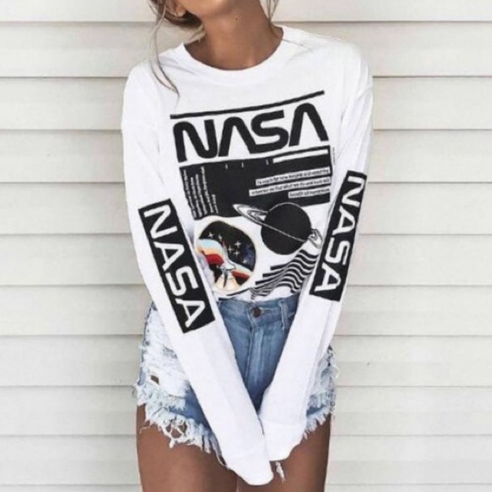 NASA vintage white cropped long sleeve shirt size small.